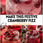 Festive glass of cranberry fizz mocktail topped with cranberries and sparkly bubbles for Christmas gatherings.